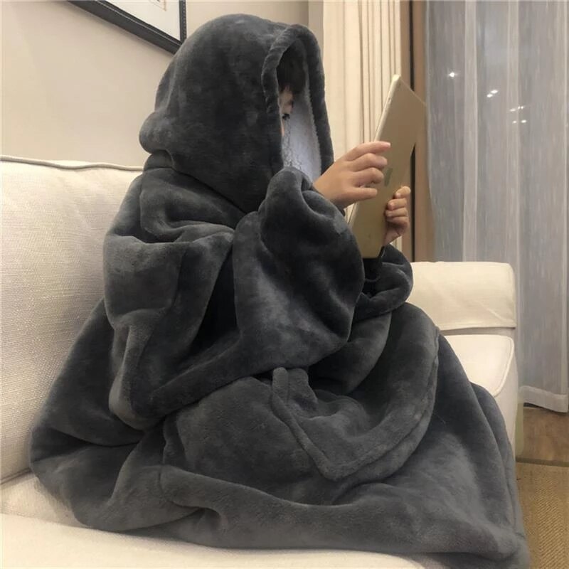 Gruesa Bata Manta Polar Unisex con Capucha para Adultos y Niños, Cálida Sudadera Albornoz con Bolsillo Gigante, Mantas Compensadas para Viajar, el Hogar y Camas