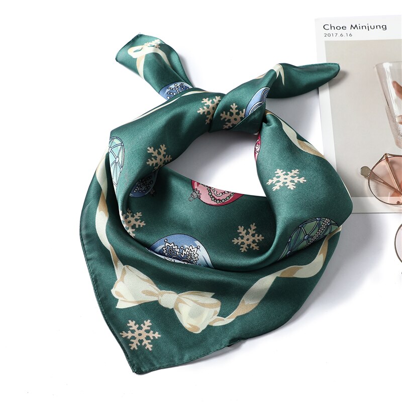 Skåret sne silke tørklæde kvinder print foulard kontor dame hals hår tørklæder firkantet slips jul bandana tørklæde: Fj196- grønne