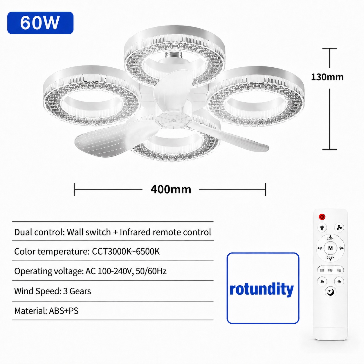 E27 LED Ceiling Fan Light 60W 3CCT Dimmable 3 Speeds Silent Fan Lamp for Bedroom Living Dining Room Home Fans Decor Lighting: WHITE
