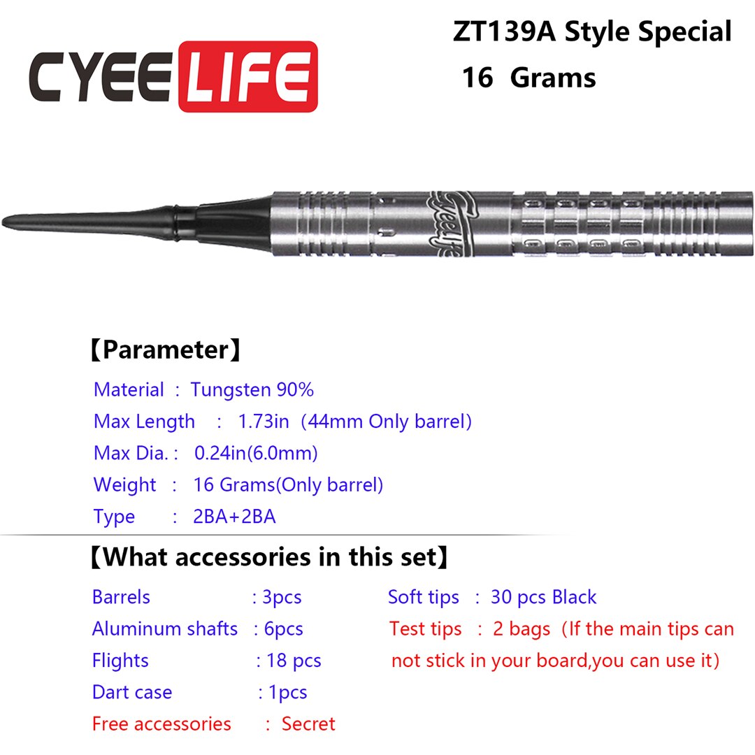 Cyelife-dardos de punta suave de tungsteno 90% de 16g para competición, con estuche de transporte + ejes de aluminio + 30 puntos de plástico + vuelos adicionales
