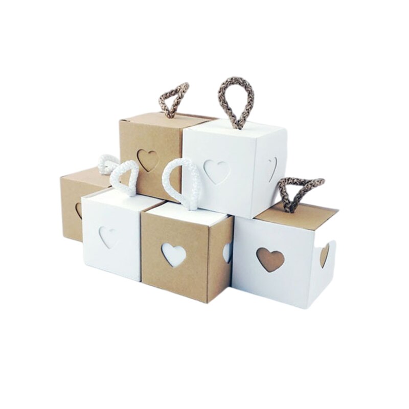 25/50Pcs Kraft Paper Box Square Heart Wedding Favor Candy Box With Rope Hand Packaging Bags Wedding Birthday Party Supplies