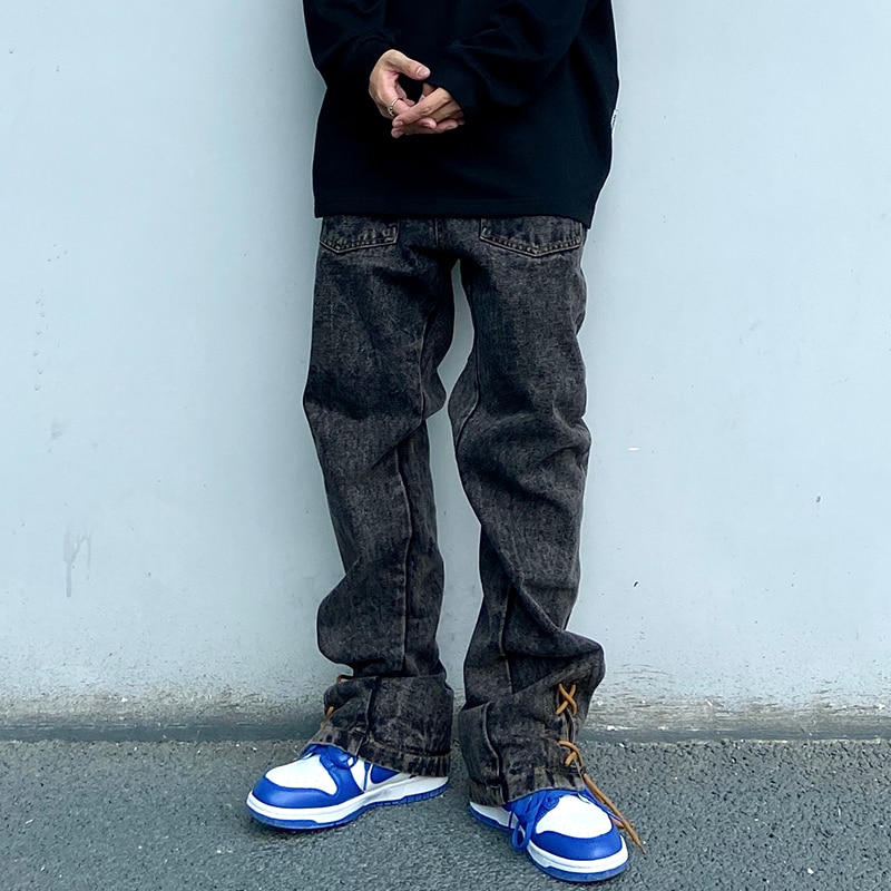 Pantalones vaqueros Harajuku con cordones en el tobillo para hombre, Vaqueros Bordado de letras desgastados Retro rectos y holgados de gran tamaño, informales de Hip Hop