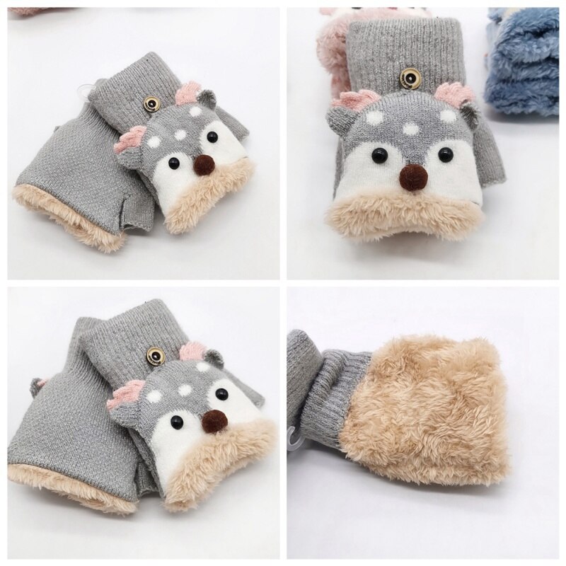 freundlicher Handschuhe freundlicher Baby Winter Strick Verdicken Nette Karikatur Hirsch Vielseitig Baumwolle halb-Finger Handschuhe Fäustlinge Warme 4-8Y Neue