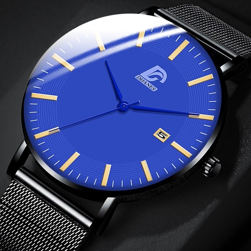 Dijanes miesten business minimalistiset kellot ultraohut ruostumaton teräsverkko vyö analoginen kvartsi rannekello reloj hombre
