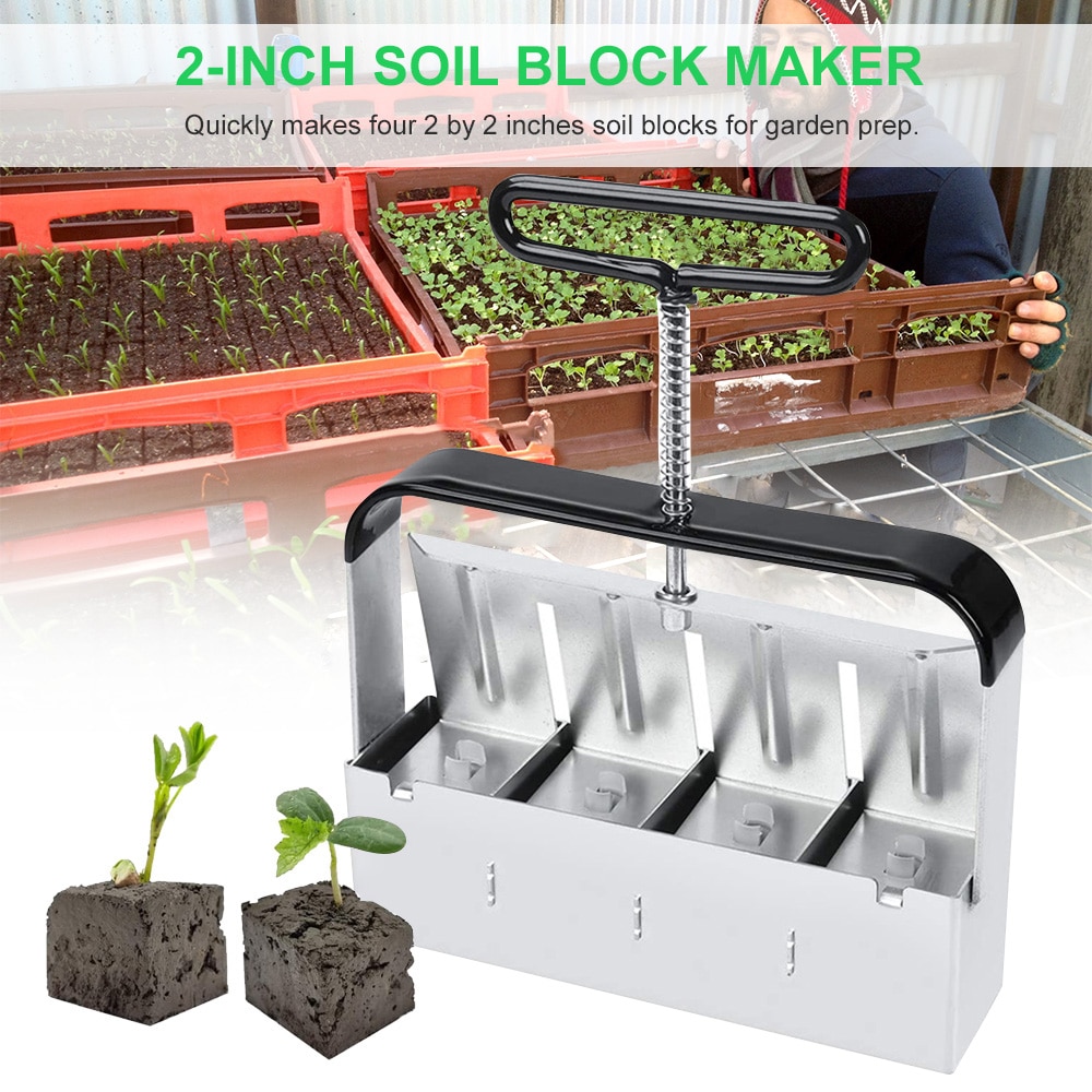 Manual Quad Soil Blocker 2 Inch Soil Block Maker Zinc Alloy Handheld Soil Blocking Tool for Seedlings Cuttings Garden Greenhouse