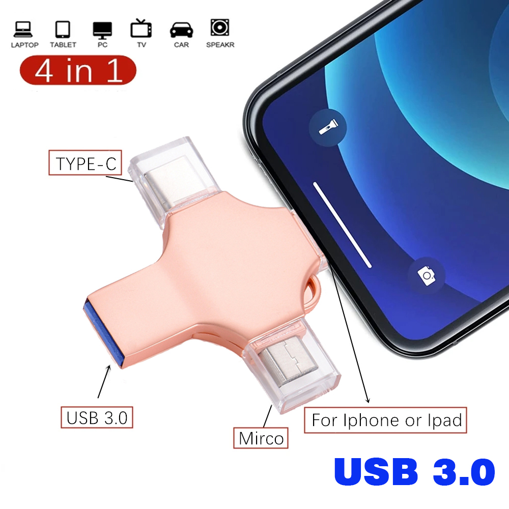 4in1 USB 3.0 Flash Drive 256GB 128GB Rotatable Rose Gold Pen Drive for IPhone /ipad/PC /Mirco Interface Memory Stick U Disk 8GB: Pink / 256GB