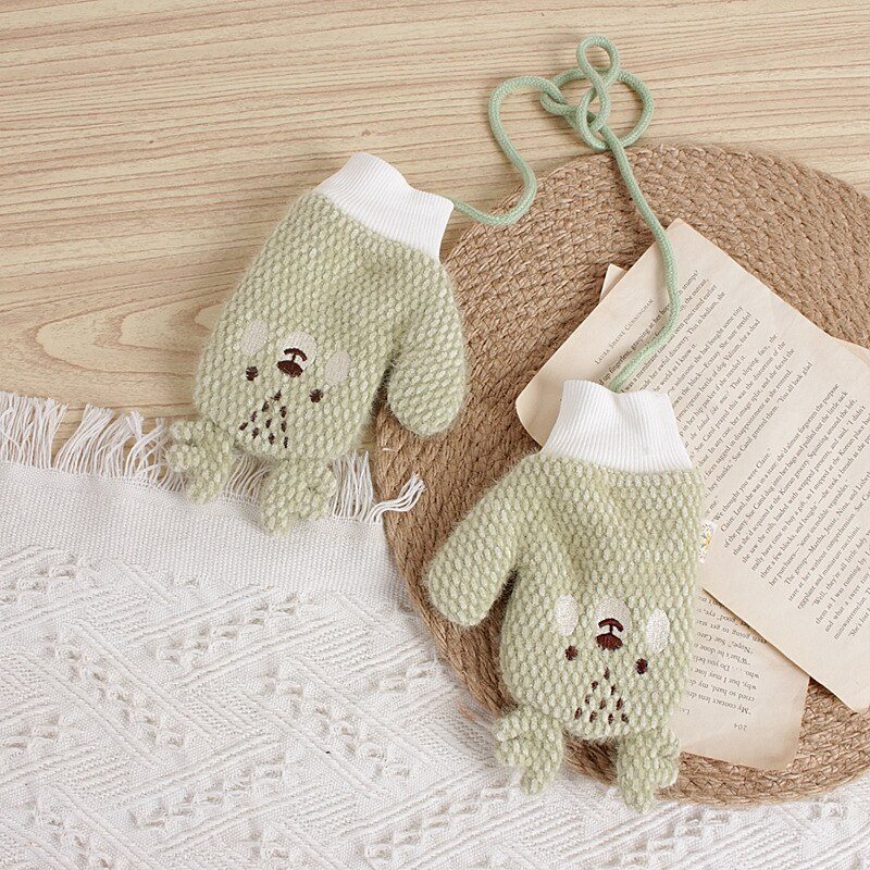 Girl Gloves Korean-Style Cartoon Bear Rabbit Children's Knitted Winter Warm Baby Halter Knitting Wool Gloves 2-6T: AH2754 green