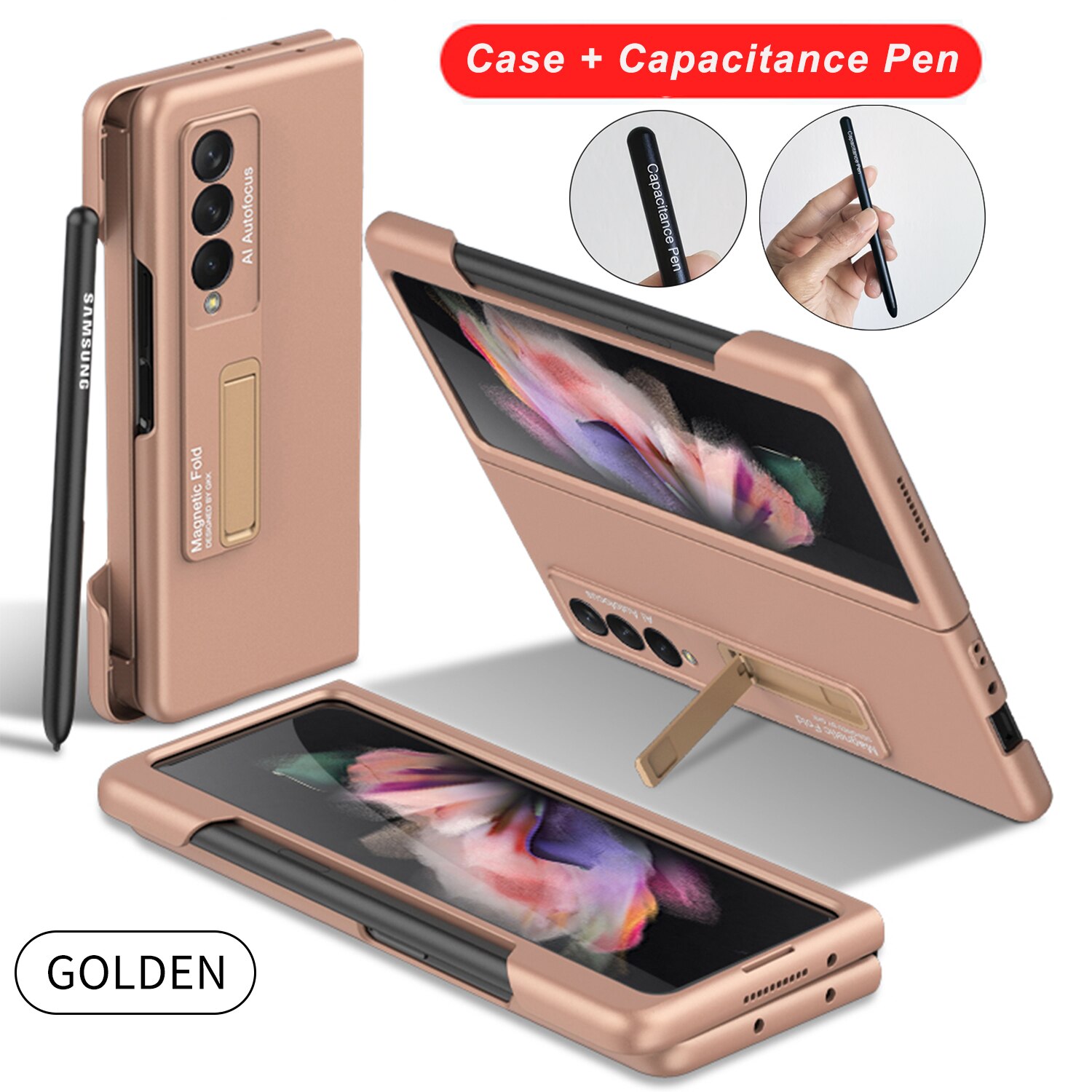 Ultra fino caso de telefone caneta suporte armadura fold3 capa protetora para samsung galaxy z fold 3 5g casos slot lateral para s caneta: gold case with Pen