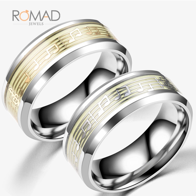 316 Titanium Rvs Ring Goud Zilver Kleur Muziek Muzieknoot Glow In The Dark Ringen Voor Mannen Vrouwen Cool sieraden Z05