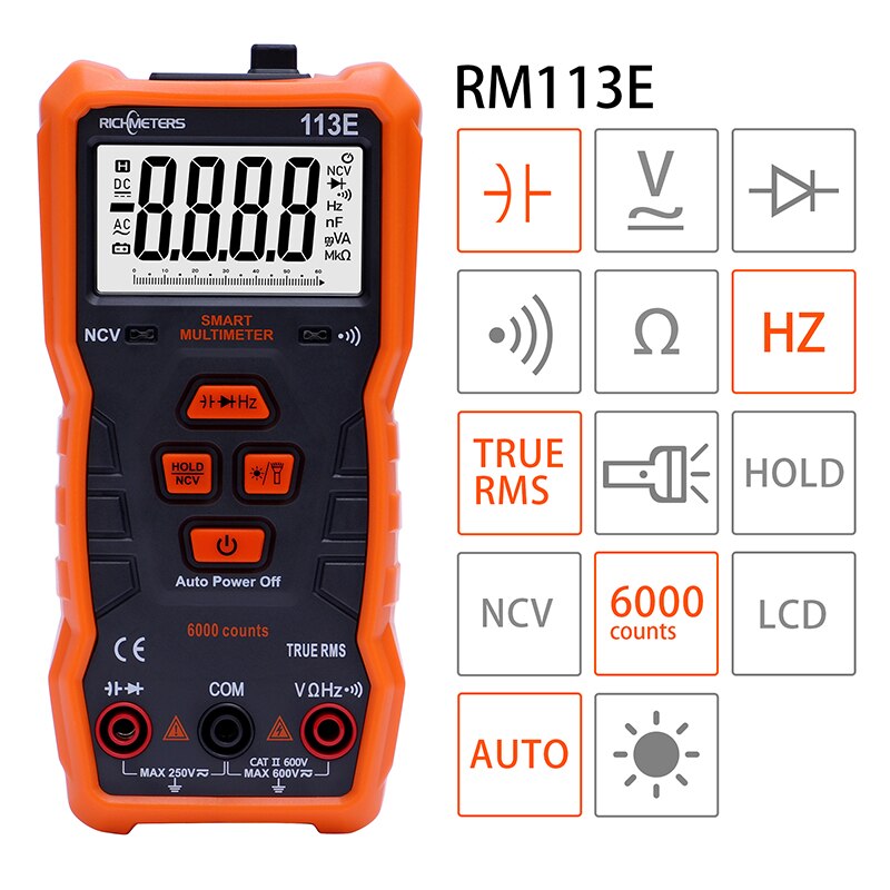 RICHMETERS 113E Digital Multimeter 6000 counts NCV Auto Ranging AC/DC voltage meter Flash light Back light TRUE RMS