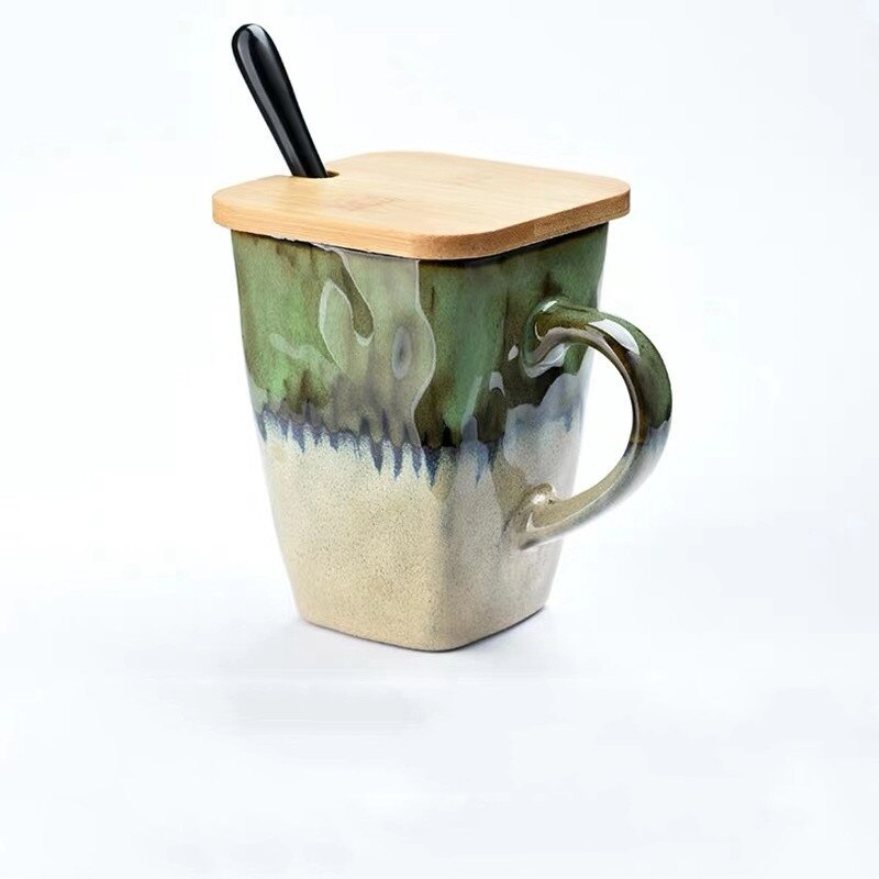 Flow Glaze Square Coffee Mug With Spoon and Lid Retro Tea Cup Simple Household Matte Color Ceramic Milk Water Cup: Green lid spoon