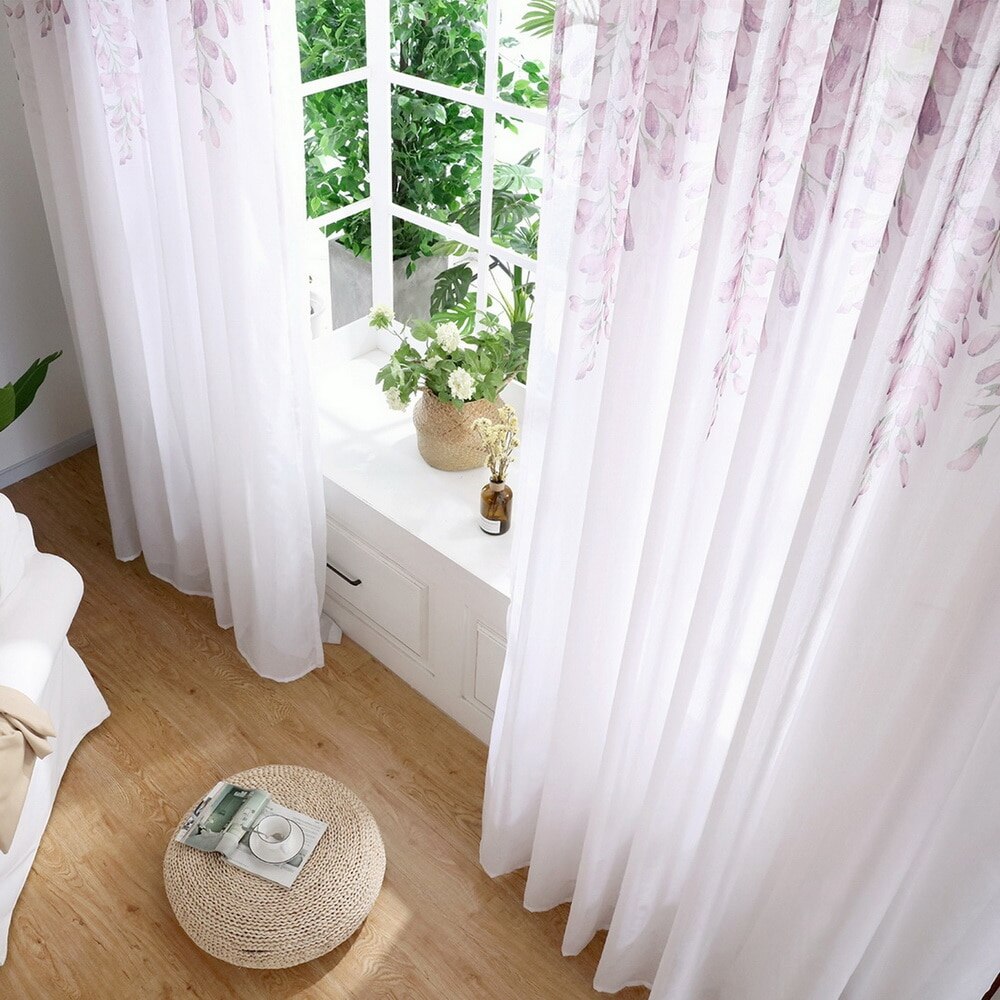 Tulle Curtain Printed Modern Flower Separated Tulle Living Room Bedroom Kitchen Draped Panel Transparent Home