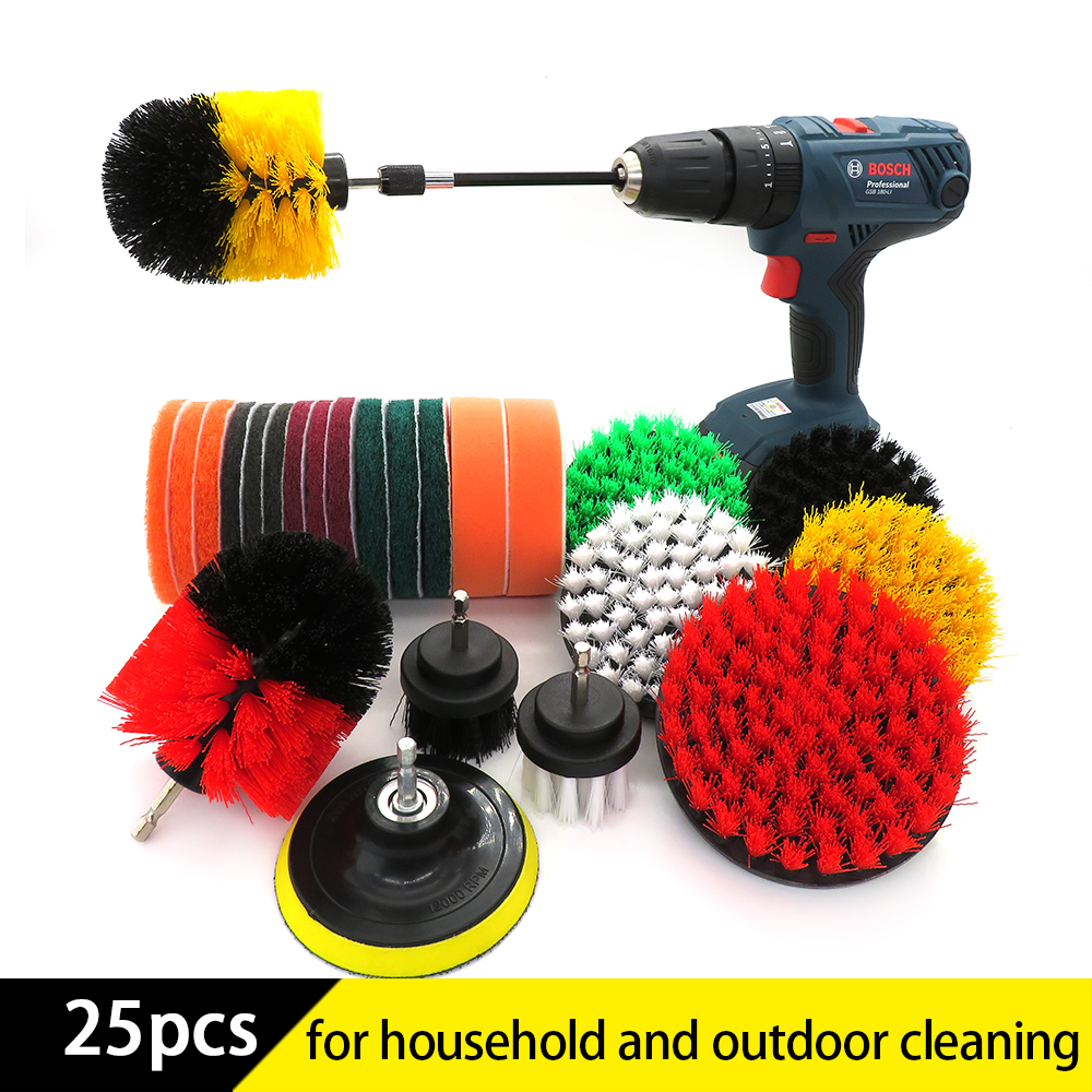 25 stuks boorborstels, krachtige reinigingsborstels, nylon borstelbevestigingsset met verlengstuk voor bad, douche, tegels en auto
