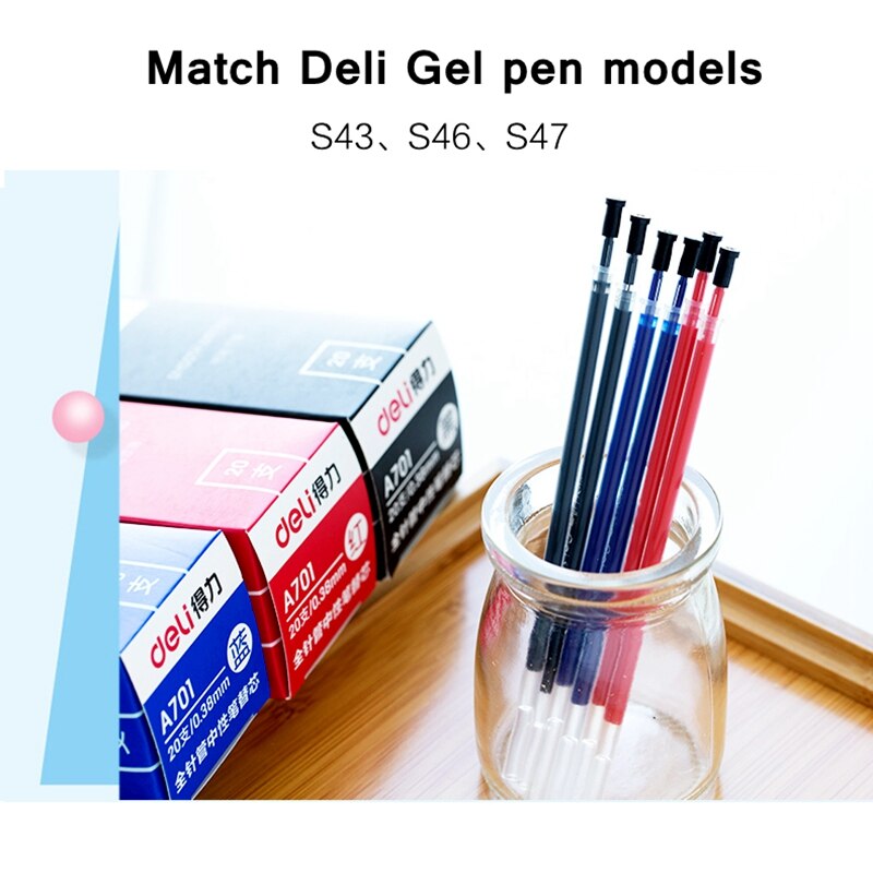 20 Stks/partij Deli A701 #0.38Mm Gel Pen Refill 129Mm Lengte Hele Naald Zwart Blauw Rood 3 Kleuren optioneel Replacment Pen Refill