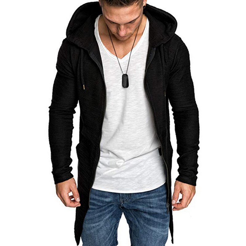 CYSINCOS Men's Long Cardigan Sweater Jacket Hooded Zipper Slim Fit Open Front Longline Cardigans with Pockets Men Sweater Jacket: Black / Asian Size XXL