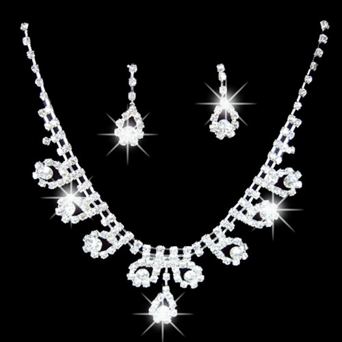 Women&#39;s Bridal Romantic Rhinestone Wedding Party Pendant Necklace Earrings Bling Jewelry Set