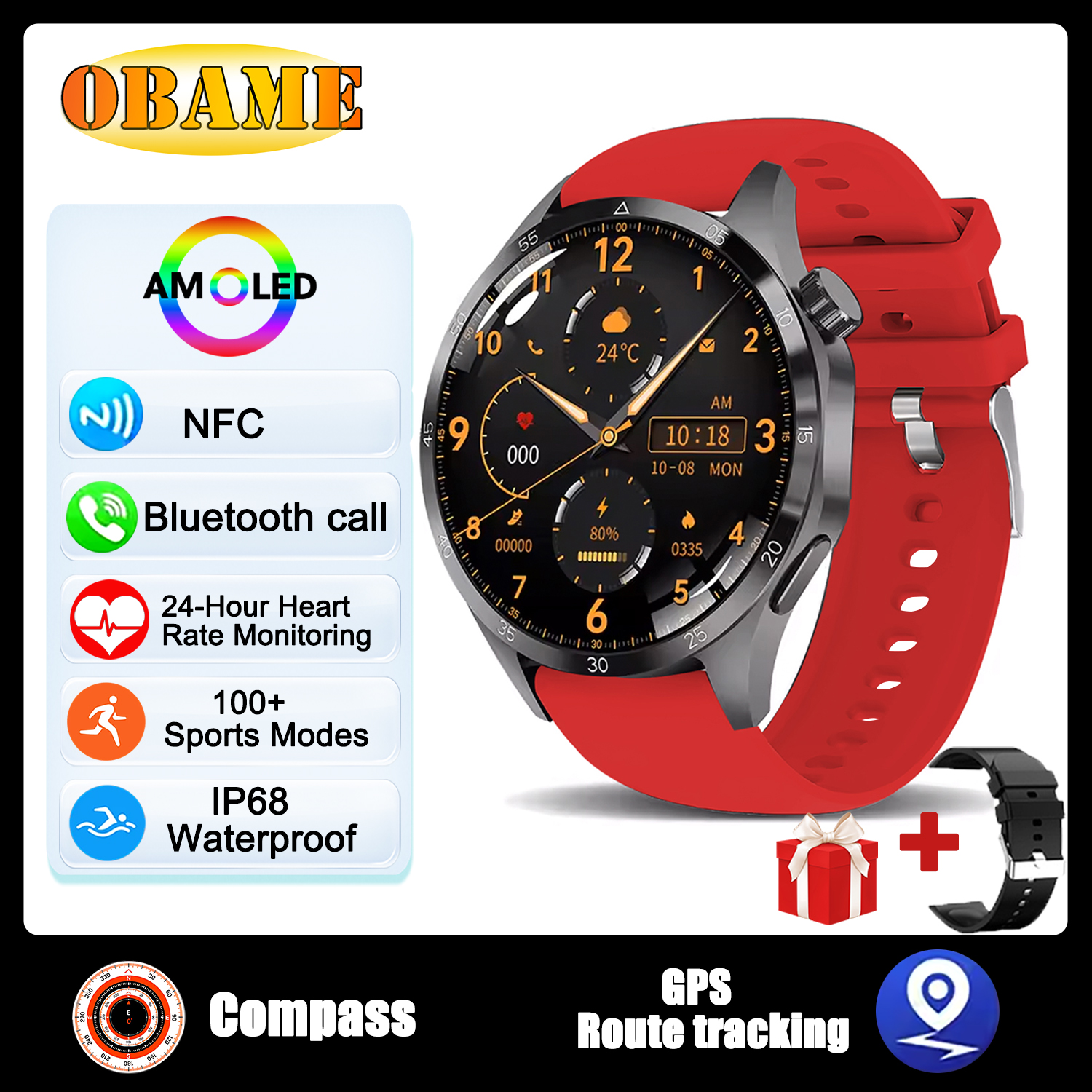 reloj inteligente clásico con GPS, pantalla AMOLED Ultra HD de 1,6 pulgadas, GPS incorporado, llamada BT, NFC, IP68, reloj inteligente resistente al agua para Android IOS: Gris