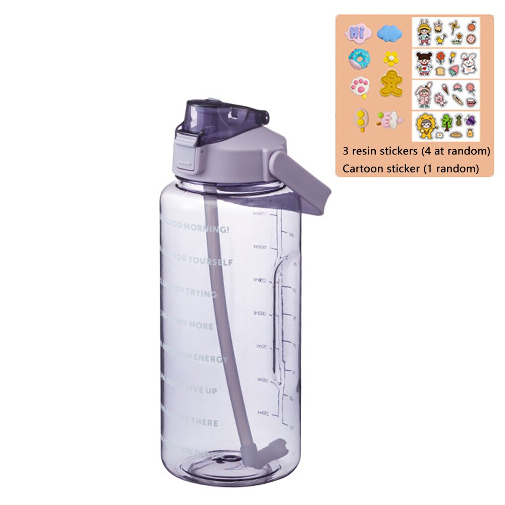 2L Große Kapazität Wasser Flasche mit prallen Kappe Timeline Erinnerung draussen Sport und Fitness Dicht Peeling Tasse mit aufkleber: 3DSticker  Violett