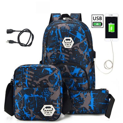 3 pcs /set USB Male backpacks laptop backpack for men shoulder bag student travel bag high school bags For Teenager schooltas: blue 1