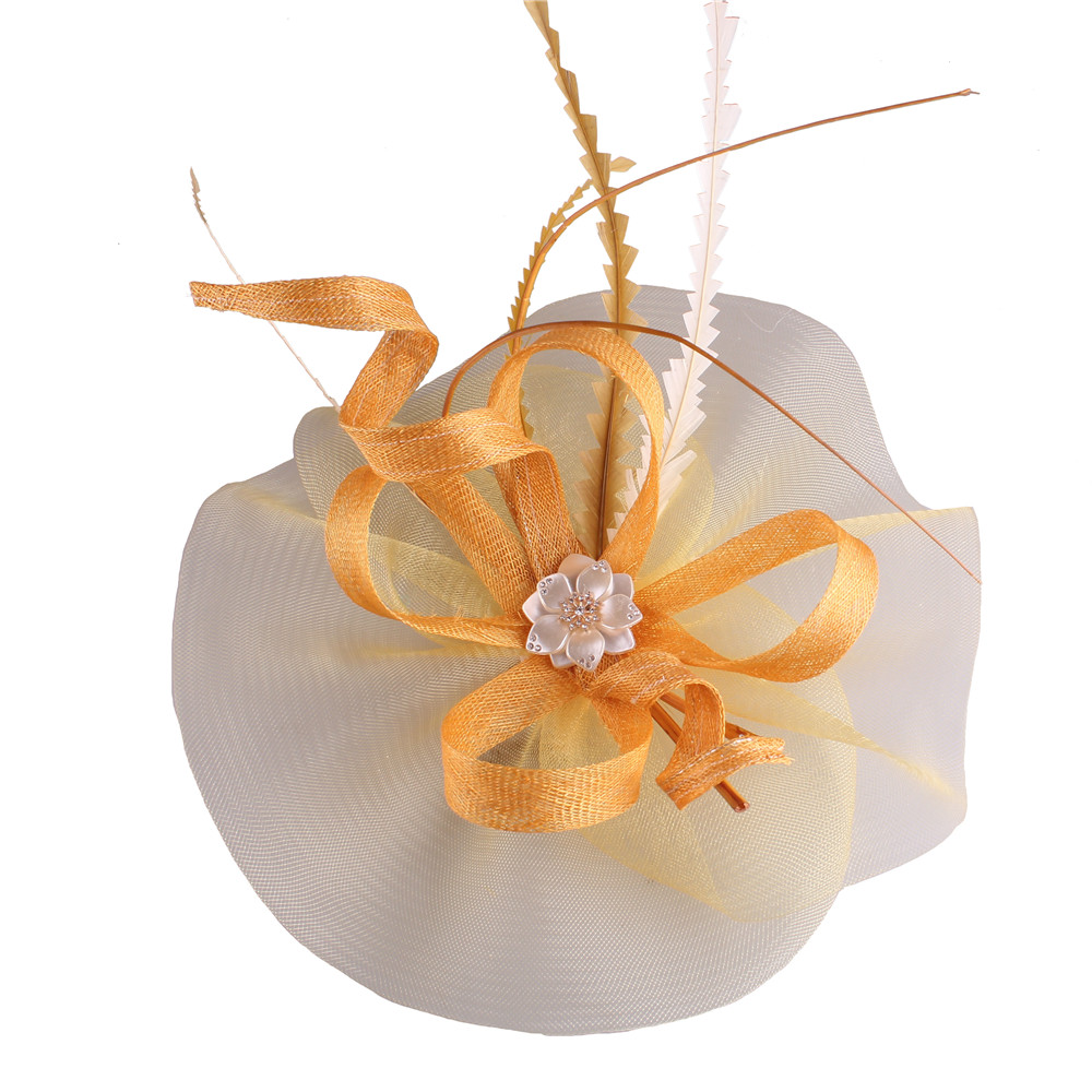Women Sinamay Fascinators Hair Clip Wedding With Feather Nice Gold Hair Accessories Women Party Hat Wedding Headwear Hair Pins