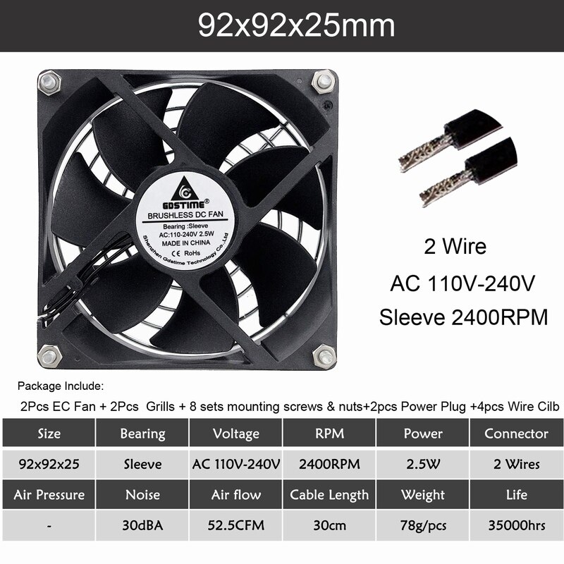 2Pcs Gdstime EC Borstelloze Ventilator Axiale Ventilator 60mm 80mm 90mm 120mm PC Koeler AC 110V 115V 120V 220V 230V 240V EC Fan Computer Case: 2pcs 9225 Sleeve