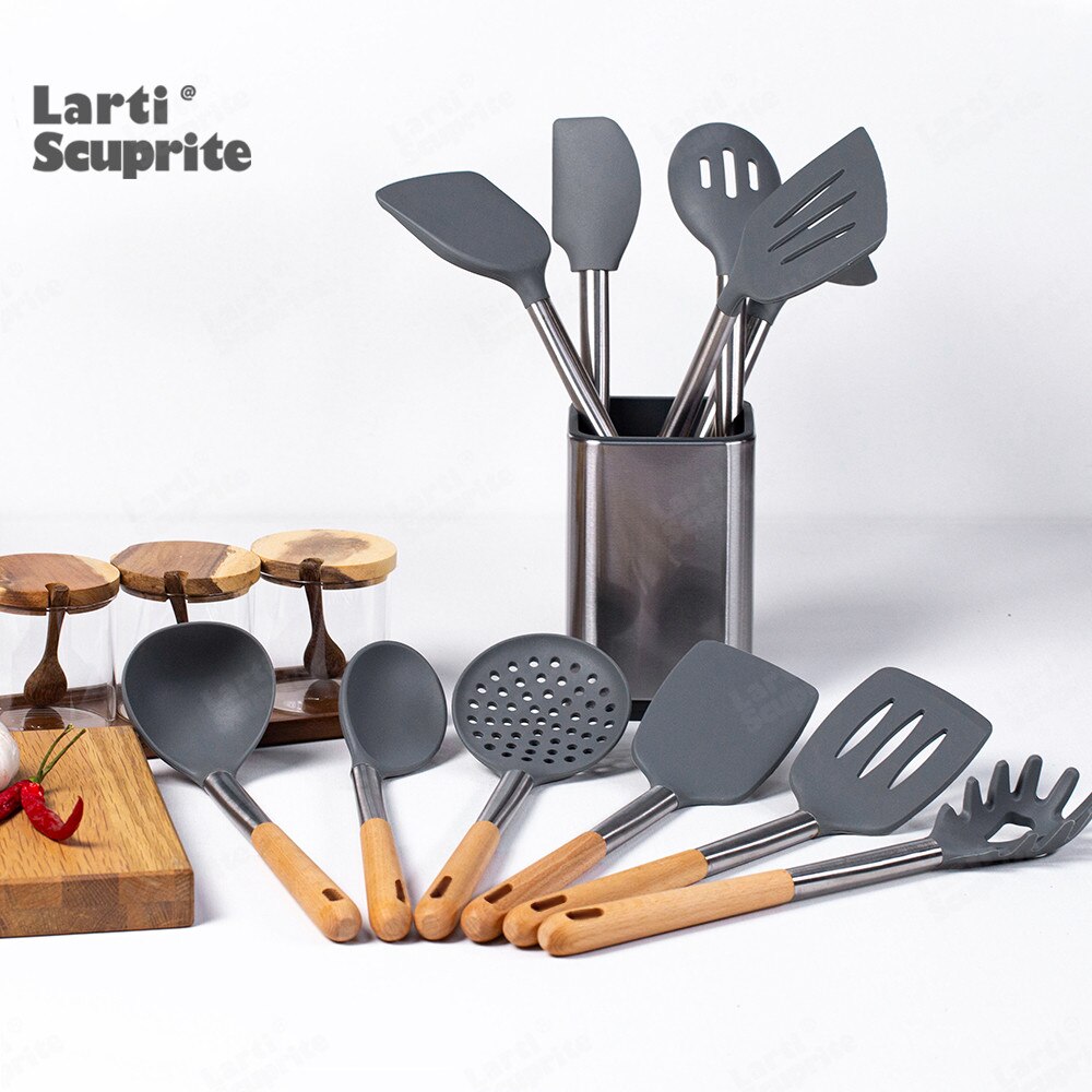 Kit d'ustensiles de cuisine en Silicone, ensemble d'outils de cuisine, accessoires allongés manche en bois massif, spatule cuillère Kit avec ustensiles de rangement