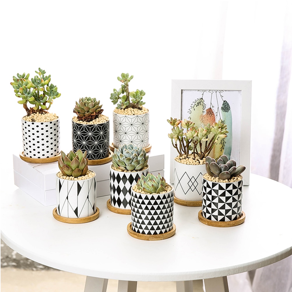 Jarrón de cerámica con forma de flor de escritorio, jarrón con forma geométrica, maceta sencilla para decoración de hogar y oficina con bandeja de Bambú