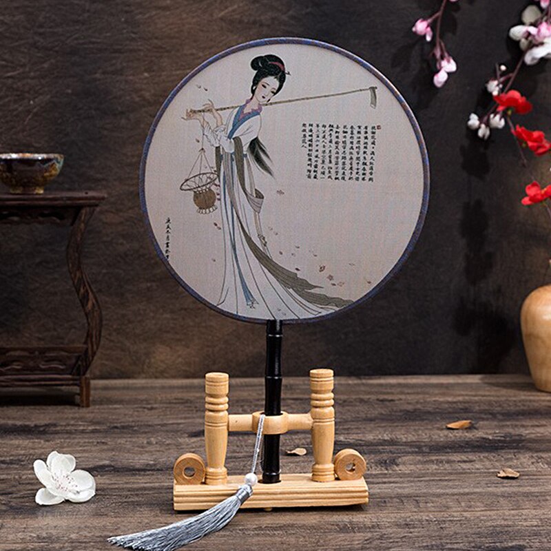 Hanfu Circular Fans Vintage Tassel Long Handle Ancient Chinese Style Court Dancing Round Fan Classical Printed Wedding Round Fan