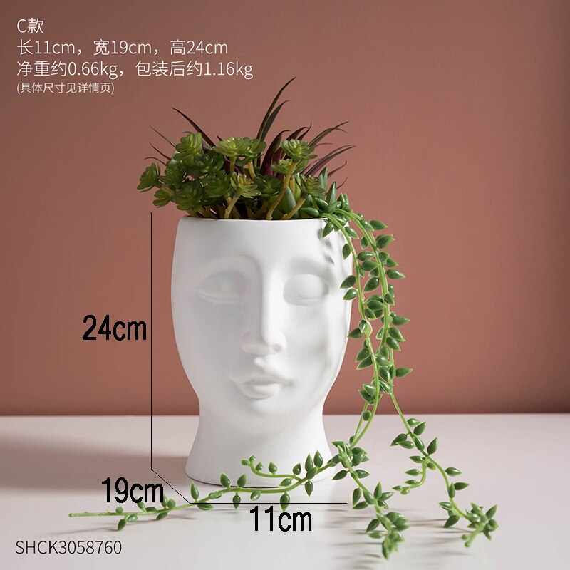 Jarrones creativos blancos para flores cara humana abstracta maceta de plantas suculentas arreglo de flores accesorios de decoración del hogar: C