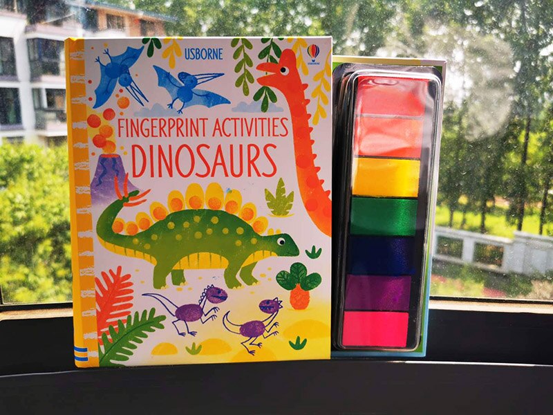 26*22*1.4cm Baby Fingerprint English drawing Book with Rubber Stamp Ink Pad kids Doodling Paint Learning Book Animals Garden: dinosaur