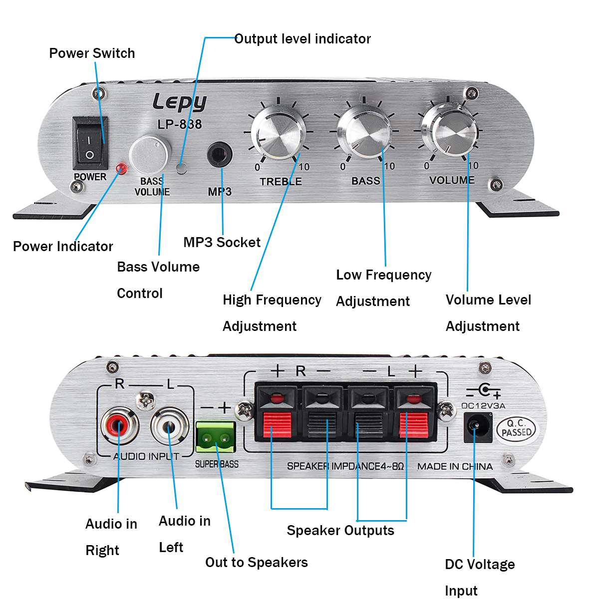 Lepy LP-838 12V Car Amplifier Hi-Fi 2.1 CH Channel MP3 MP4 DVD Phone Radio Audio Stereo Bass Speaker ooster Player