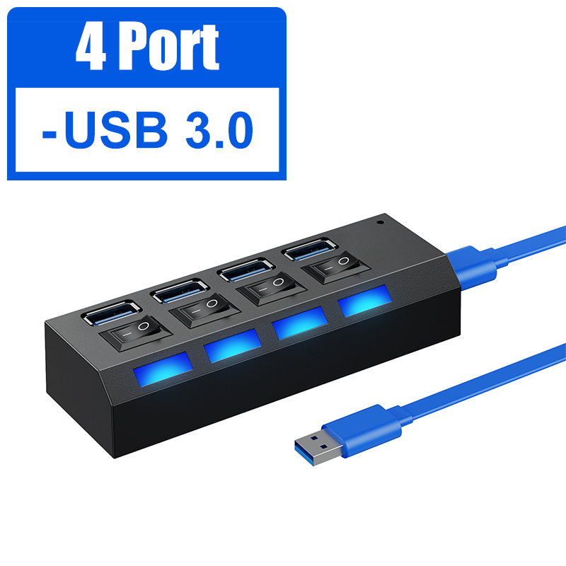 HUB USB 3.0 à plusieurs ports avec interrupteur, répartiteur pour PC, adaptateur d&#39;alimentation multiple USB 2.0: USB 3.0 4 Port