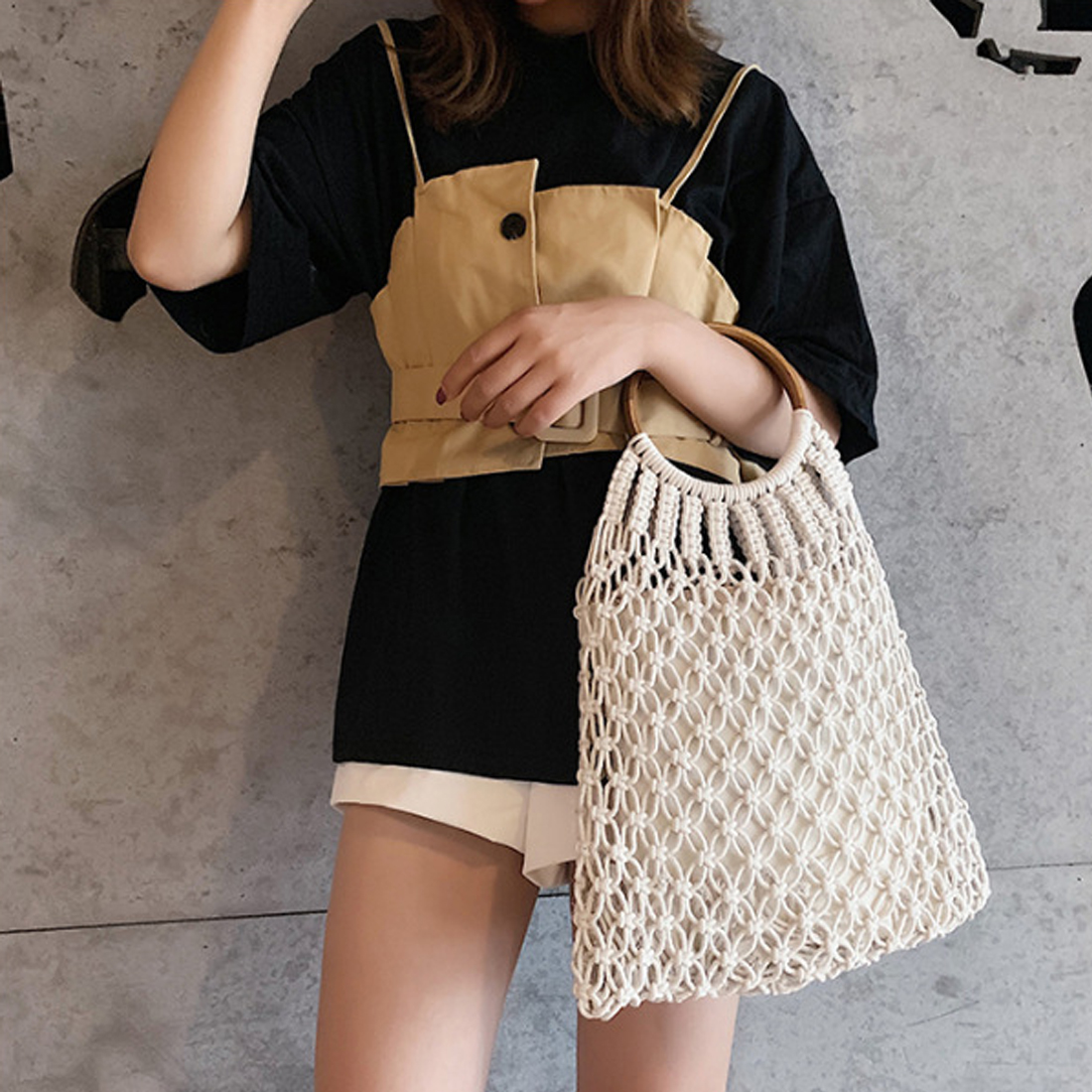 Women Boho Woven Handbag Summer Beach Tote Straw Bag Rattan Casual Shoulder Bags: White