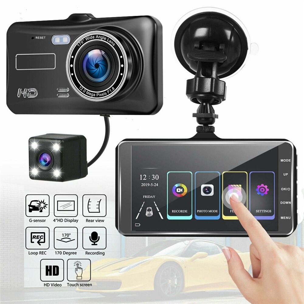 4 tommer  hd 1080p dobbelt linse bil dvr berøringsskærm dashcam kamera videooptager sd cam nattesyn: Default Title