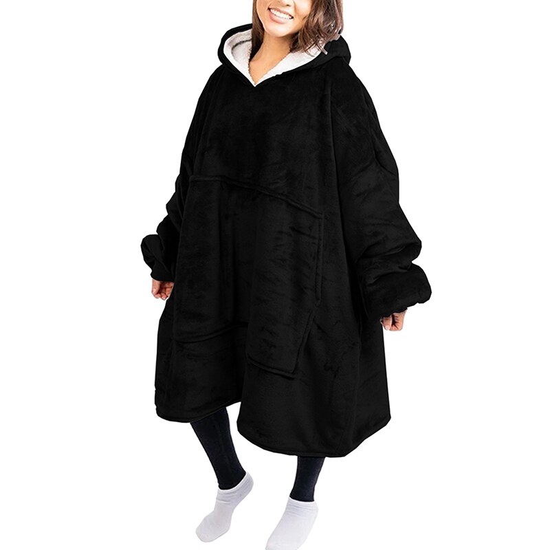 Plush Long Nightdress Women Winter Men Warm Pockets Dressing Gowns Couple Casual Loose Hoodie Sweatshirt Coat