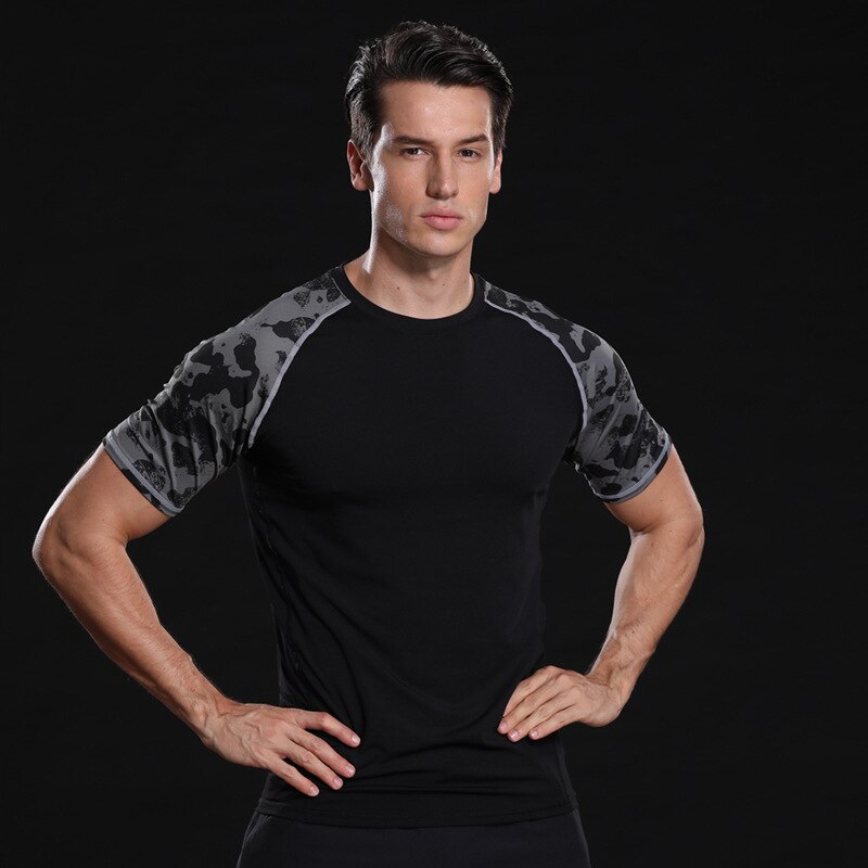 Fahion Men Running T Shirt Men O-neck T-shirt Bodybuilding Sport Shirts Tops Gym Men Tees: Black / L