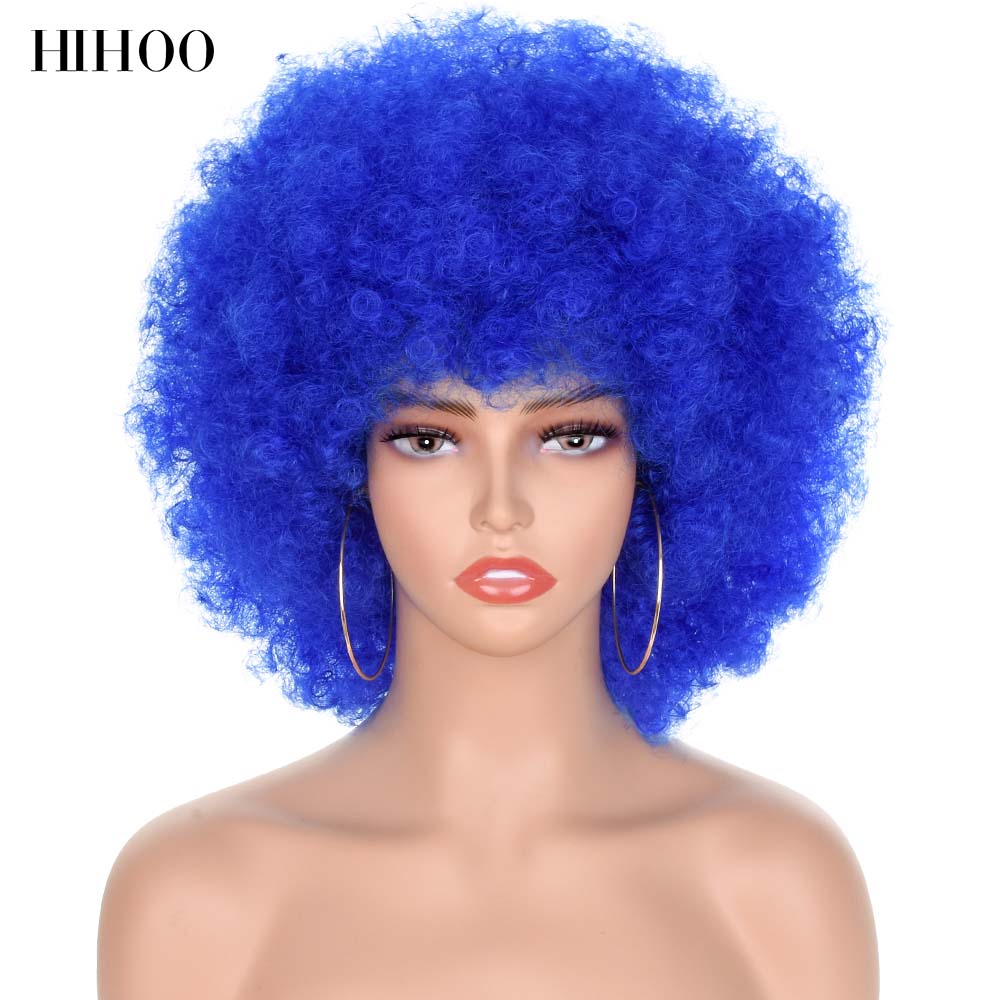 Peluca Afro rizada de pelo corto con flequillo para mujer, peluca sintética rosa para Cosplay, color negro, azul, rojo y marrón para Halloween: P18 / 22