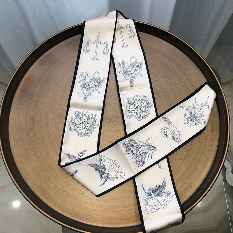 SIGISHIR Classic Retro Series Constellation Garden French Women's Silk Scarf Versatile Simulation Silk Scarf Small Ribbon Scarf