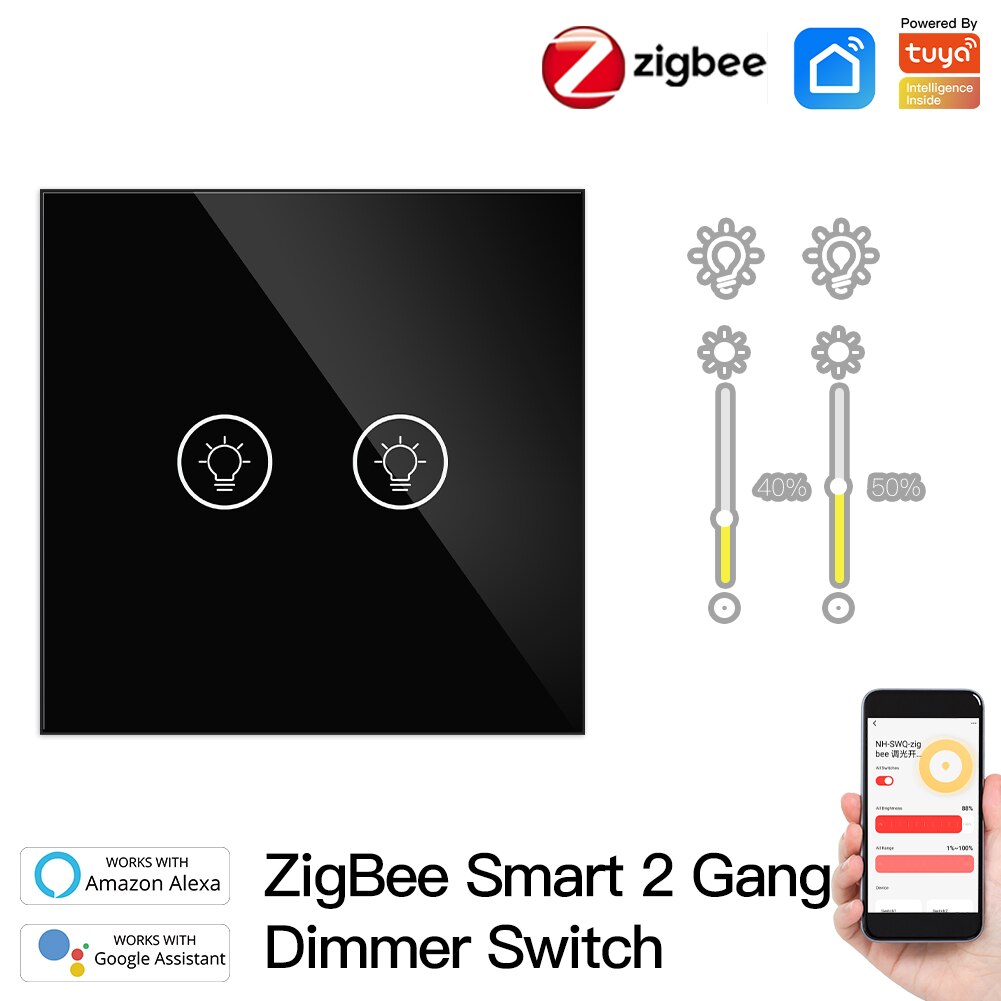 ZigBee – interrupteur variateur de lumière intelligent multi-gangs, contrôle indépendant, application Tuya, fonctionne avec Alexa Google Home, 1/2/3 gangs: EU 2 Gang Black