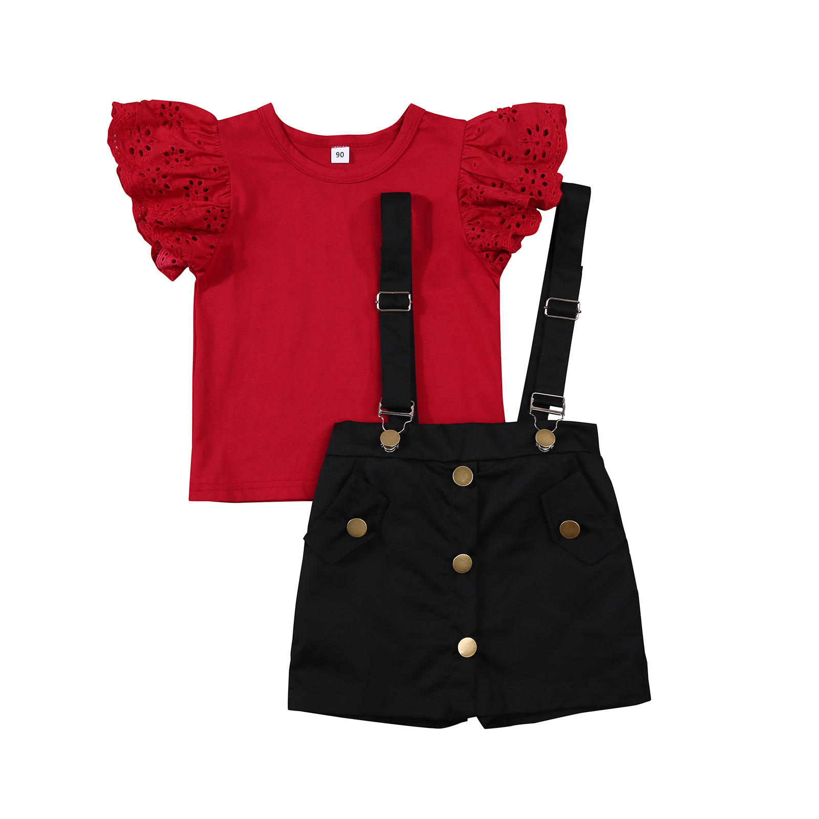 Camicia a maniche corte per bambini neonate Fly + bretelle culotte, decorazione tascabile stile semplice abbigliamento estivo 2-7T: Rosso / 3T