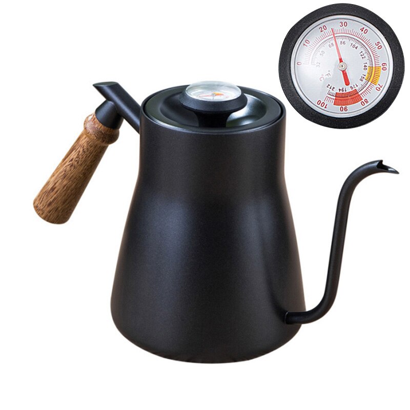 rustfrit stål svanehals kaffe kedel med termometer hælde dryp tud tekande te gryde træ håndtag sort hjemmecafé Grandado