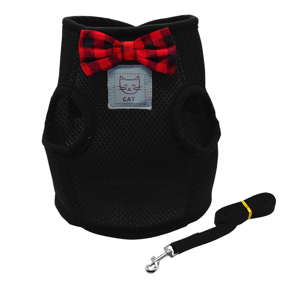 Mesh Bowtie Cat Harness and Leash Small Cat Walking Harness Pet Kitten Clothes Red Black