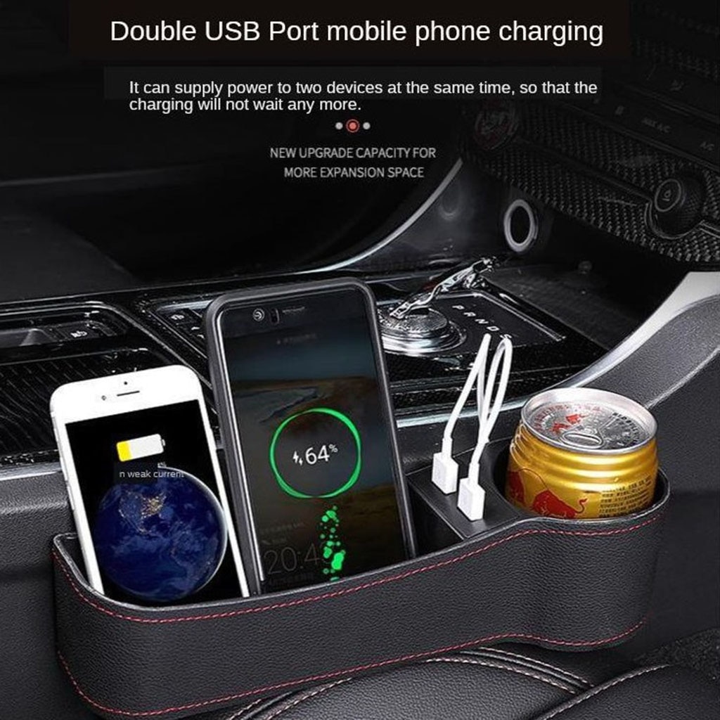 Organisateur d'écart de siège de voiture, multifonctionnel avec la double charge d'usb, porte-boîte de rangement de boisson de tasse pour le côté conducteur/passager
