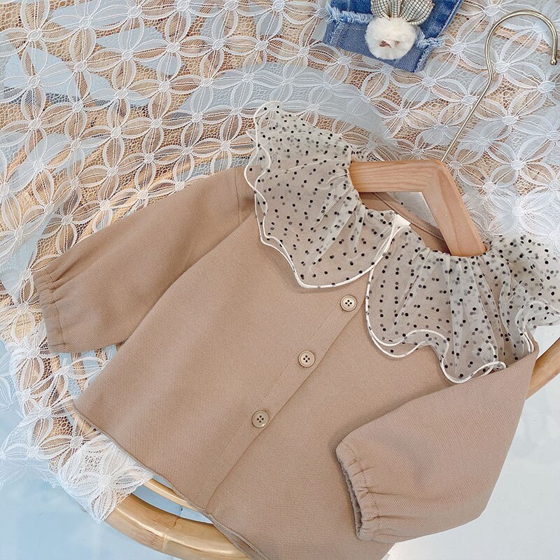 Dubbele Lagen Polka Dot Mesh Kraag Meisjes Jassen Lente Herfst Katoen Lange Mouwen Kinderen Jas Voor Peuter Meisjes Kleding Tops kind