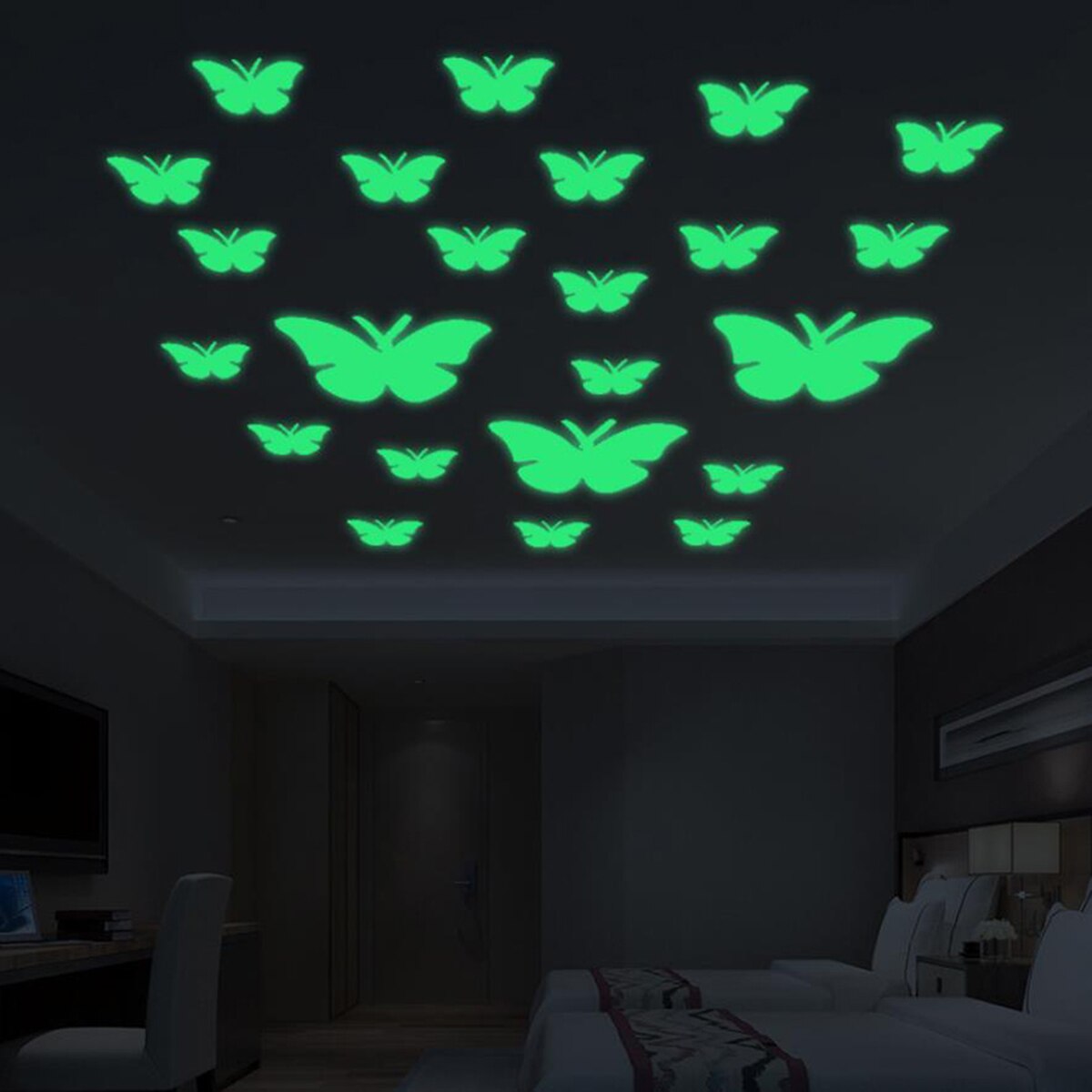 12 stk / sæt glød i mørke klistermærker smuk sommerfugl lysende aftagelig klæbende vægoverføringsbilleder til loft soveværelse indretning