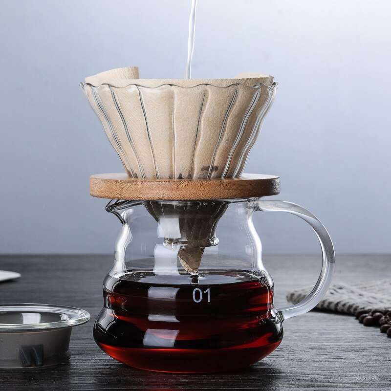 300ML/500ML/700ML supports en bois goutteur de café en verre et Pot ensemble style japonais V60 filtre à café en verre filtres à café réutilisables: 300ML