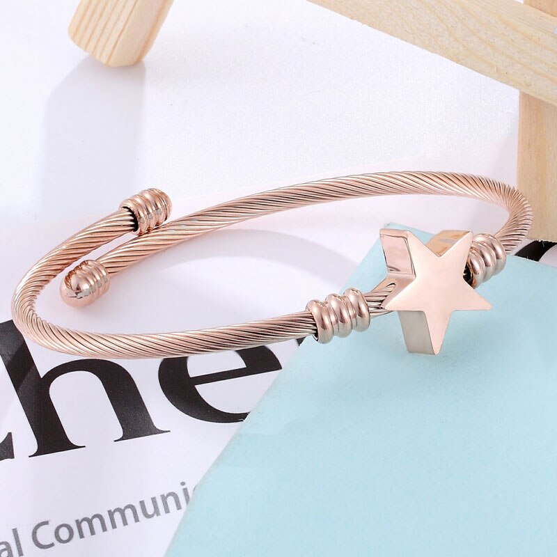 Cute Star Shape Bangle Adjustable Size Bracelet Stainless Steel Twisted Cable Wire Jewelry Women Love: Rose Gold