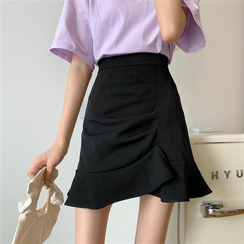 Jupe trompette à volants irréguliers pour femme, tenue de bureau, couleur unie, violet, noir, Style coréen, tendance, classique, portefeuille, moulante: black / S