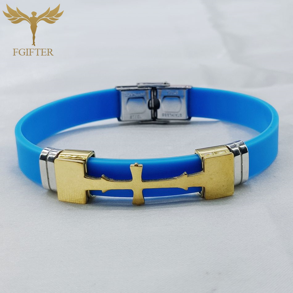 Guldfarvet rustfrit stål kors symbol tilbehør armbånd flere farver gummi armbånd kristen religion smykker: 17cm / Mørkegrøn
