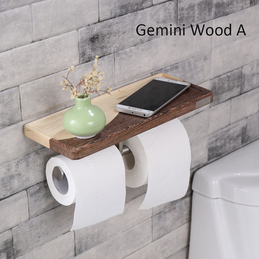 Distributeur de rouleau de papier toilette en acier inoxydable support en bois distributeurs de stockage de papier salle de bain murale avec étagère de téléphone: PH-WM1003